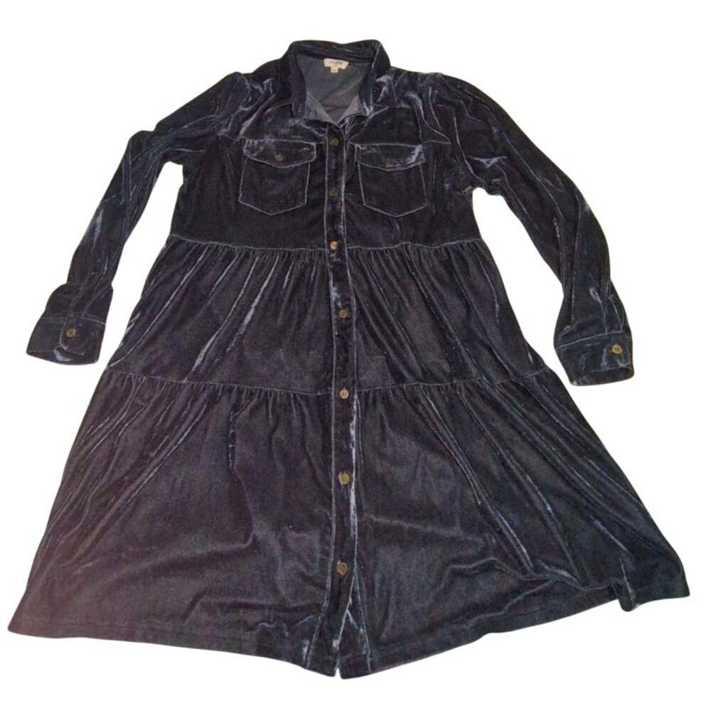 Umgee Blue Velvet Tiered Babydoll Dress Button Down Long Sleeve Midi Large Boho